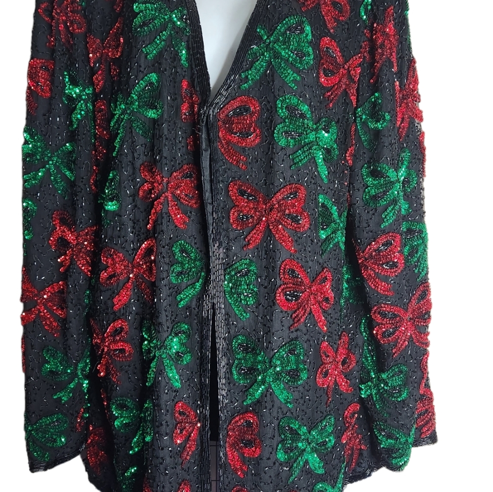 Vintage Laurence Kazar Red and Green Bow Beaded Sequin Holiday Jacket Size 1x
